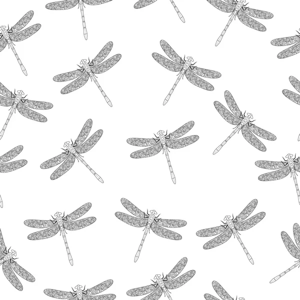 Dragonfly bezešvá textura, Ruční kresba, styl střihu. Vektorová ilustrace — Stockový vektor