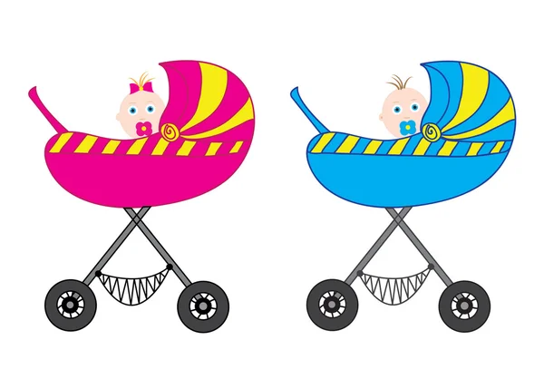 Kinderwagen rosa und blau, Junge und Mädchen. Vektorillustration — Stockvektor