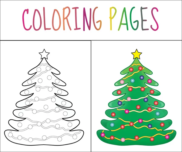 Boyama kitabı sayfası, Noel Ağacı yeni yıl, noel. Eskiz ve renk versiyonu. Çocuklar için boyama. Vektör çizimi — Stok Vektör