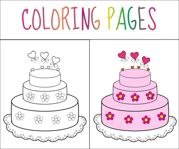 Livre à colorier gâteau. Croquis et version couleur. Coloriage pour les enfants. Illustration vectorielle — Image vectorielle