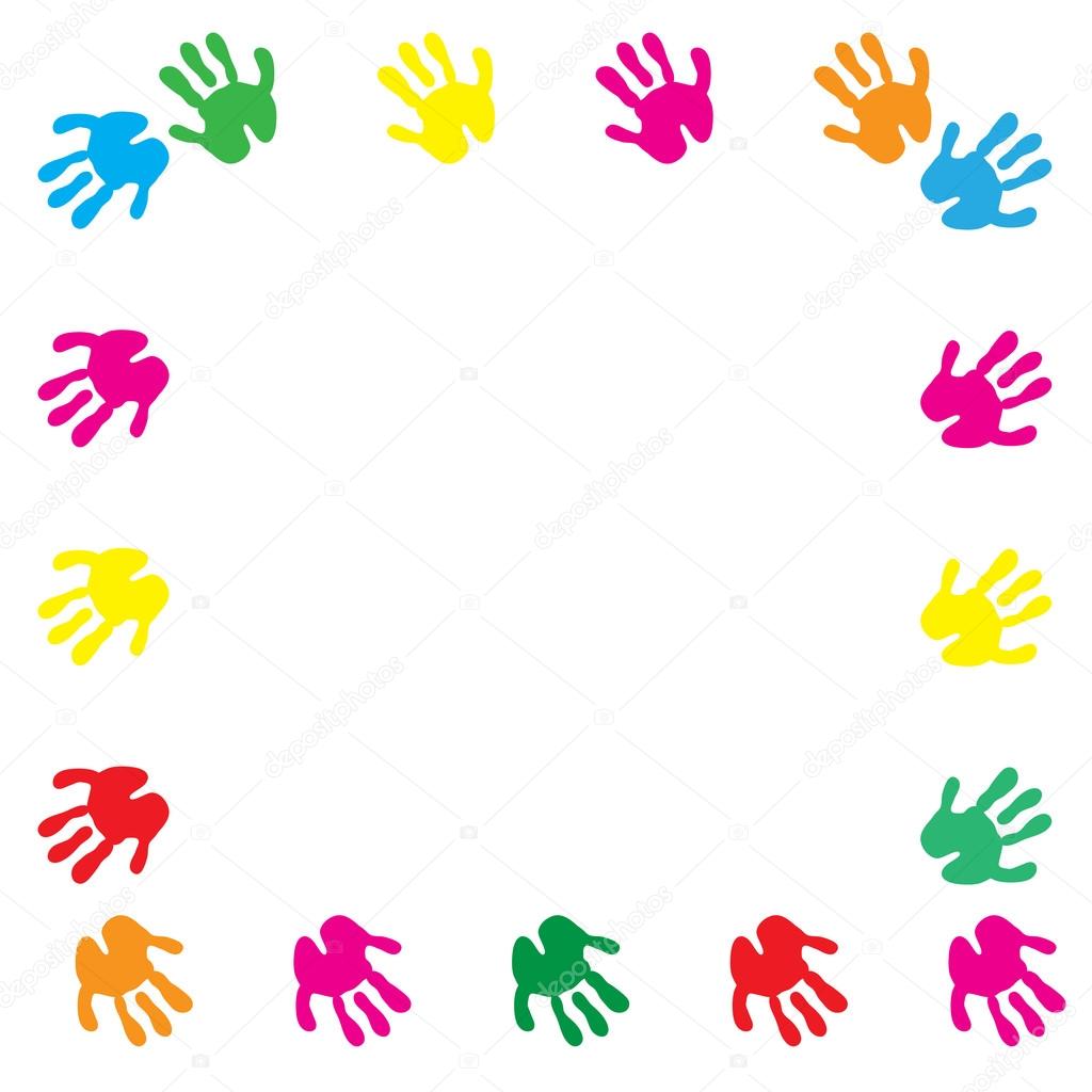 Children hand prints frame. Children's palms on a white background. Vector illustration