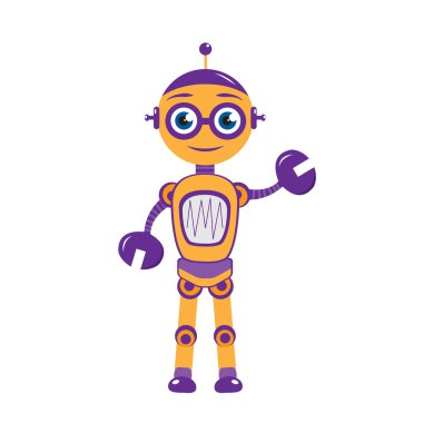 Çizgi film maskot robot, robot karakter. Robot maskot logosunu görmeniz gerekir. Vektör çizim