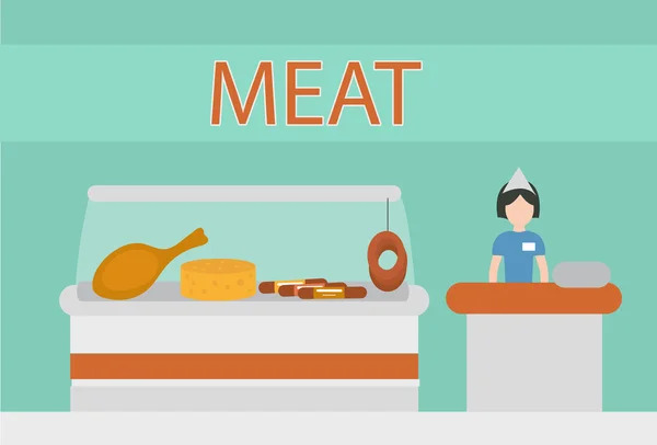 Mostra de loja de carne, departamento de carne de supermercado. Salsicha, carne, queijo. Ilustração vetorial . —  Vetores de Stock