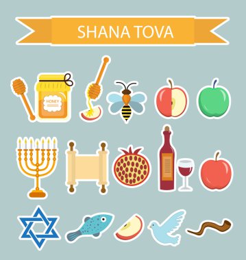 Yahudi Yeni Yılı, Rosh Hashanah, Shana Tova üzerinde simgeleri çıkartmalar ayarlayın. Karikatür simgeleri çıkartmalar düz tarzı. Yahudi kültürünün geleneksel sembolleri. Vektör çizimi.