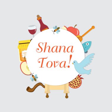 Yahudi Yeni Yılı, Rosh Hashanah, Shana Tova simgeleri ayarlayın. Metin için Rosh Hashanah çerçeve. Yahudi Yeni Yılı için tebrik kartı. Rosh Hashanah tebrik kartı. Vektör çizimi.