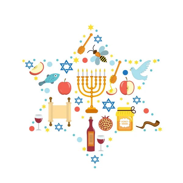 Ställ ikoner på det judiska nyåret, Rosh Hashanah, Shana Tova. Rosh Hashanah gratulationskort. Tecknade ikoner platt stil. Traditionella symboler för judisk kultur. Vektor illustration. — Stock vektor