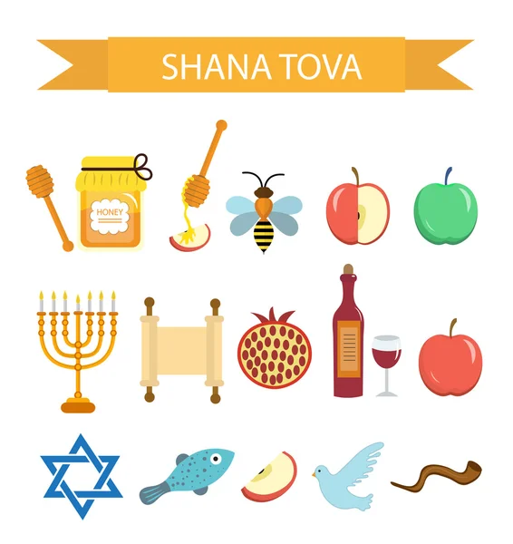Definir ícones no Ano Novo Judaico, Rosh Hashanah, Shana Tova. Ícones de desenhos animados estilo plano. Símbolos tradicionais da cultura judaica. Ilustração vetorial . —  Vetores de Stock