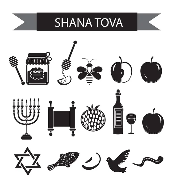 Yeni Yahudi yılına simgeler koyun, siyah siluet ikonu, Rosh Hashanah, Shana Tova. Çizgi film simgeleri düz stil. Geleneksel Yahudi kültürü sembolleri. Vektör illüstrasyonu. — Stok Vektör
