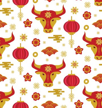 Çin 'in yeni yılı kusursuz geçti. Boğa 2021 yılı. Doku ve arka plan tekrarı. Vektör illüstrasyonu