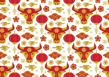 Çin 'in yeni yılı kusursuz geçti. Boğa 2021 yılı. Doku ve arka plan tekrarı. Vektör illüstrasyonu
