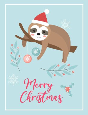 Mutlu Noeller, Noel Baba şapkalı tembel hayvan şirin kartı. Tasarımınız için kış tatili yeni yıl şablonu. Vektör illüstrasyonu
