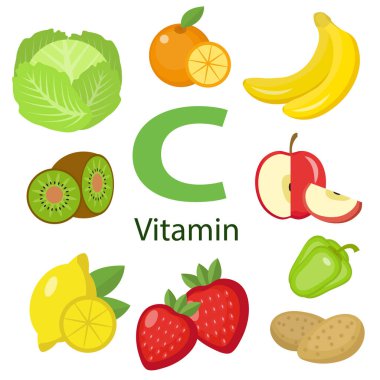 Vitaminler ve Mineral Yiyecekler Çizimi. C vitamini ve faydalı ürünler. Portakal, maydanoz, çilek, limon, ıspanak. Sağlıklı yaşam tarzı ve diyet vektörü kavramı