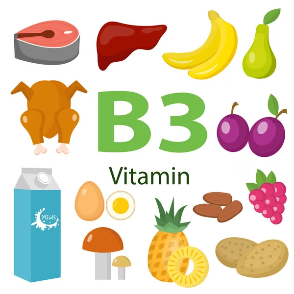 Vitamíny a minerální potraviny .Vektorová sada potravin bohatých na vitamíny. Vitamin B3 maso, špenát, drůbež, ryby, játra, houby, brambory a arašídy — Stockový vektor