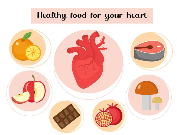 Healthy food for your heart infographic. Concept of food and vitamins, medicine, heart disease prevention. Vector illustration — Stockový vektor