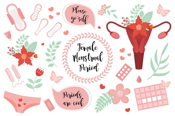Kvinnliga menstruationsperioder inställda. Samling av klistermärken ikoner av det kvinnliga reproduktiva systemet, kuddar, tamponger, drottningen av blommor, menstruationskalender. Vektorillustration — Stock vektor