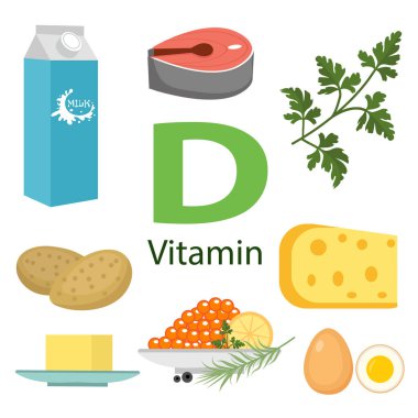 D vitamini düz çizimler. Masanın üzerinde D vitamini içeren yiyecekler. D vitamini kaynağı: beyaz arka planda izole edilmiş fasulye, yumurta, süt, balık, peynir ve maydanoz