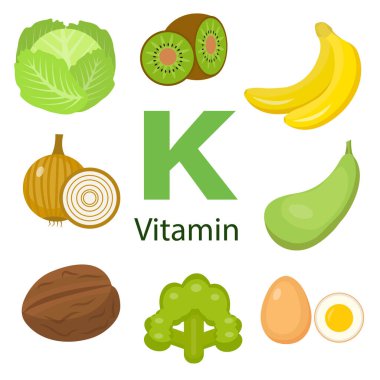 K vitamini ve faydalı ürünler: marul, muz, avokado, kuşkonmaz, ceviz, brokoli, buğday, sorrel, su teresi, bezelye, kivi. Sağlıklı yaşam tarzı ve diyet vektörü