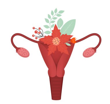Female reproductive system with flowers icon, uterus, ovaries, vagina. Female anatomy isolated on white background. Vector illustration
