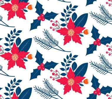 Noel bitkileri pürüzsüz desen. Tekrar eden mutlu noeller kış çiçekleri. Tatil arkaplanı. Vecto illüstrasyonu