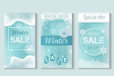 Kış indirimi broşürü, afiş, instagram hikayesi, poster. Vektör illüstrasyonu