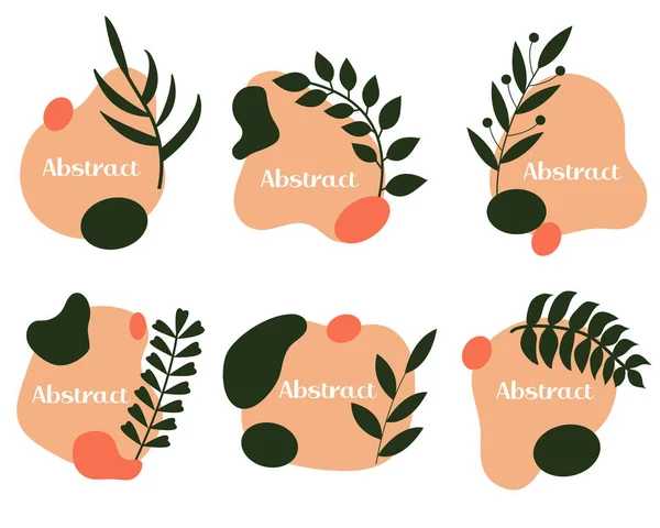 Abstract embleem label of logo design set, vloeibare vlekken met planten in moderne Scandinavische stijl. Vectorillustratie — Stockvector