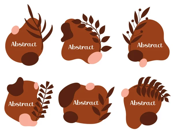 Etichetă abstractă sau set de design logo-uri, pete lichide cu plante în stil scandinav modern. Ilustrație vectorială — Vector de stoc