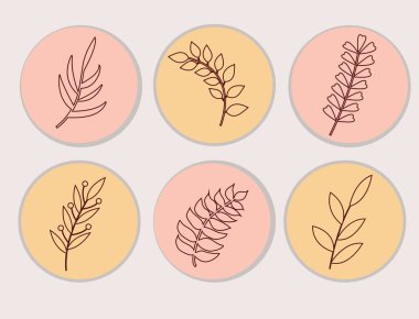 Soyut modern bitki çizgileri, düğmeler ya da logolar için yuvarlak şekiller. İskandinav minimalizm tarzı. Çiçek Dekorasyon Yaprağı. Vektör illüstrasyonu