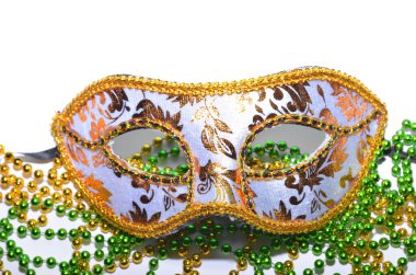 Mardi gras mask and beads frame for text on white space background. Madi gras celebration fat tuesday carnival clipart