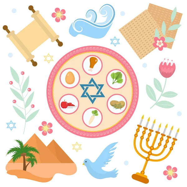 Conjunto de iconos de Pascua. plano, estilo de dibujos animados. Fiesta judía del éxodo Egipto. Colección con plato de Seder, comida, matzah, vino, torus, pirámide. Aislado sobre fondo blanco Ilustración vectorial — Vector de stock