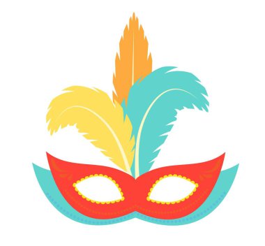 Karnaval çok renkli maskeyi kutluyor. Parlak gökkuşağı renkleri vektör karnavalı dekoratif yüz maskesi ve metin. Lekeli cam dekorasyon elementleri. İş logosu fikri. Gizemli sembol.