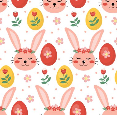 Tavşanlar ve bitkilerle kusursuz yay deseni. Paskalya deseni. çizgi film tavşanları