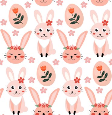 Tavşanlar ve bitkilerle kusursuz yay deseni. Paskalya deseni. çizgi film tavşanları