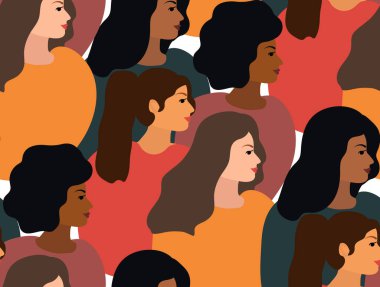 8 Mart Uluslararası Kadınlar Günü. Farklı milletlerden ve kültürlerden kadınlarla vektör illüstrasyonu. Özgürlük, bağımsızlık, eşitlik için savaş. Vektör illüstrasyonu