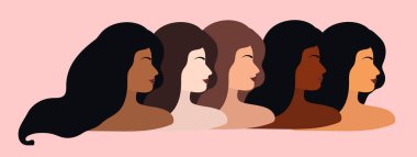 8 Mart Uluslararası Kadınlar Günü. Farklı milletlerden ve kültürlerden kadınlarla vektör illüstrasyonu. Özgürlük, bağımsızlık, eşitlik için savaş. Vektör illüstrasyonu