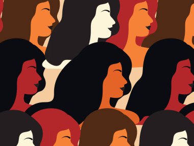 8 Mart Uluslararası Kadınlar Günü. Farklı milletlerden ve kültürlerden kadınlarla vektör illüstrasyonu. Özgürlük, bağımsızlık, eşitlik için savaş. Vektör illüstrasyonu