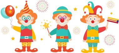 Palyaçolu Purim bayrağı şablonunuz kutlu olsun. İsrail 'deki Purim Karnavalı, Yahudi bayramı. Vektör illüstrasyonu