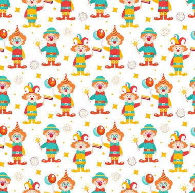 Palyaçolarla mutlu pürüzsüz desenler. Sirk, karnavalın sonu gelmez dokusu, geçmişi. Vektör illüstrasyonu