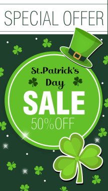 Aziz Patrick Günü 'nde promosyonlar, afişler, broşürler indirimler var. Süper Satış. Yonca, yonca ve yonca ile dizaynının şablonu. Vektör illüstrasyonu