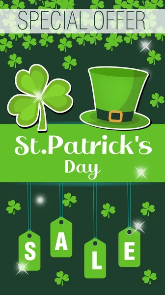 St. Patrick Day discounts promotions, poster, flyer. Super Sale. Template for your design with clover, shamrock. Vector illustration — Stock Vector