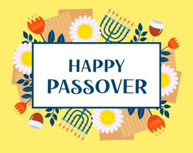 Hamursuz Bayramı tebrik kartı, poster, davetiye, broşür. Matza ve bahar çiçekleriyle dizaynınız için Pesach şablonu. Hamursuz Bayramın kutlu olsun. Yahudi bayramı geçmişi. Vektör illüstrasyonu
