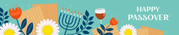 Húsvéti banner. Pesach sablont a design matzah és tavaszi virágok. Boldog páska-ünnepi feliratot. Zsidó ünnepi háttér. Vektorillusztráció — Stock Vector