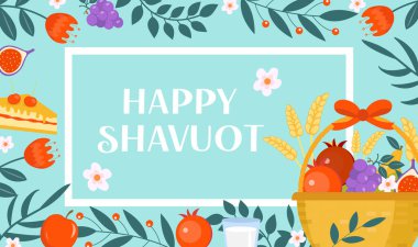 Mutlu Shavuot tebrik kartları, poster, davetiye, broşür. Tasarımın için Shavuot şablonu. Yahudi bayramı geçmişi. Vektör illüstrasyonu