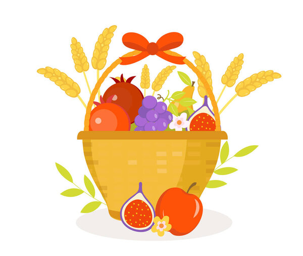 Fruit Basket icon, flat, cartoon style. Jewish holiday Shavuot, food concept. Pomegranate, grapes, wheat, olives. Isolated on white background Vector illustration clip-art Royalty Free Stock Illustrations