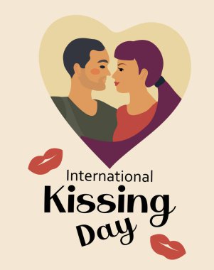 Dünya Öpücük Günü kartpostalı. Uluslararası öpüşme günü çifti aşık, romantik, aşık. Vektör illüstrasyonu
