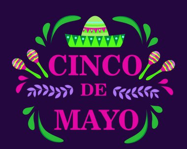 Cinco de Mayo Meksika federal bayramı, fiesta tebrik kartı, ilan, poster, davetiye. Cinco de Mayo, sambrero ve maracas ile birlikte tasarımın için şablon. Vektör illüstrasyonu