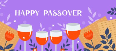 Fısıh bayrağı. Matza ve bahar çiçekleriyle dizaynınız için Pesach şablonu. Hamursuz Bayramın kutlu olsun. Yahudi bayramı geçmişi. Vektör illüstrasyonu