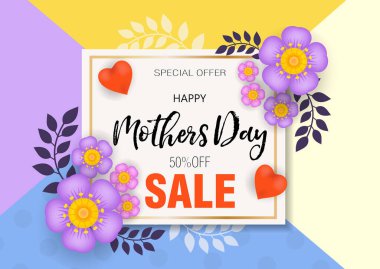Çiçekli anneler günü tebrik kartı indirimli promosyon posteri, indirim. Tasarımınız için bahar şablonu. Vektör illüstrasyonu