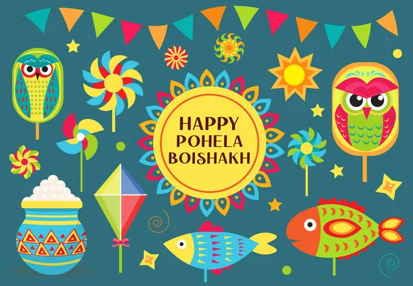 Kağıt yel değirmeni, baykuş ve rasagola içeren mutlu Pohela Boishakh ikonu seti. Bengali Yeni Yıl tasarım malzemeleri koleksiyonu, klipsli sanat. Vektör İllüstrasyonu — Stok Vektör