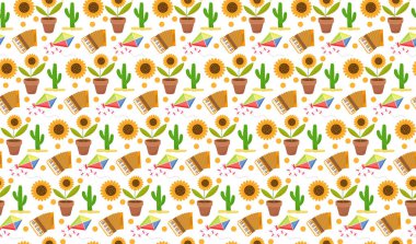 Festa Junina kusursuz desen. Brezilya Latin Amerika festivali sonsuz arka plan. Dokuyu geleneksel sembollerle tekrarlamak. resimleme