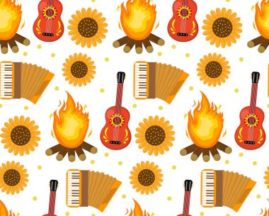 Festa Junina kusursuz desen. Brezilya Latin Amerika festivali sonsuz arka plan. Dokuyu geleneksel sembollerle tekrarlamak. resimleme